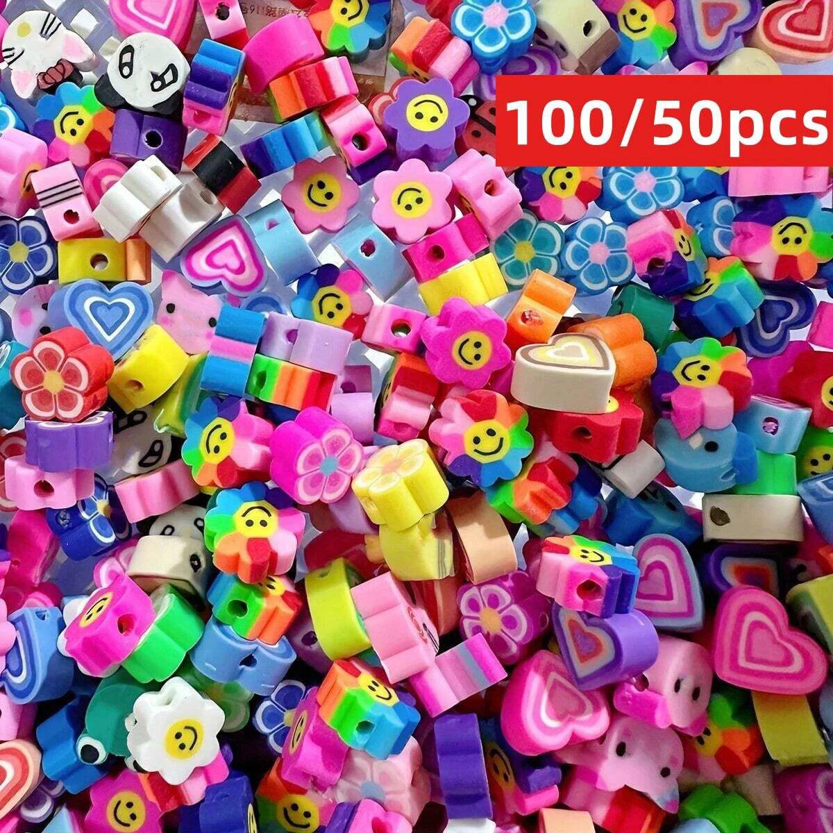 100/50pcs 9-11mm Random styles Vibrant Round Clay Beads - Assorted Animal, Heart & Flower Patterns for DIY  Making