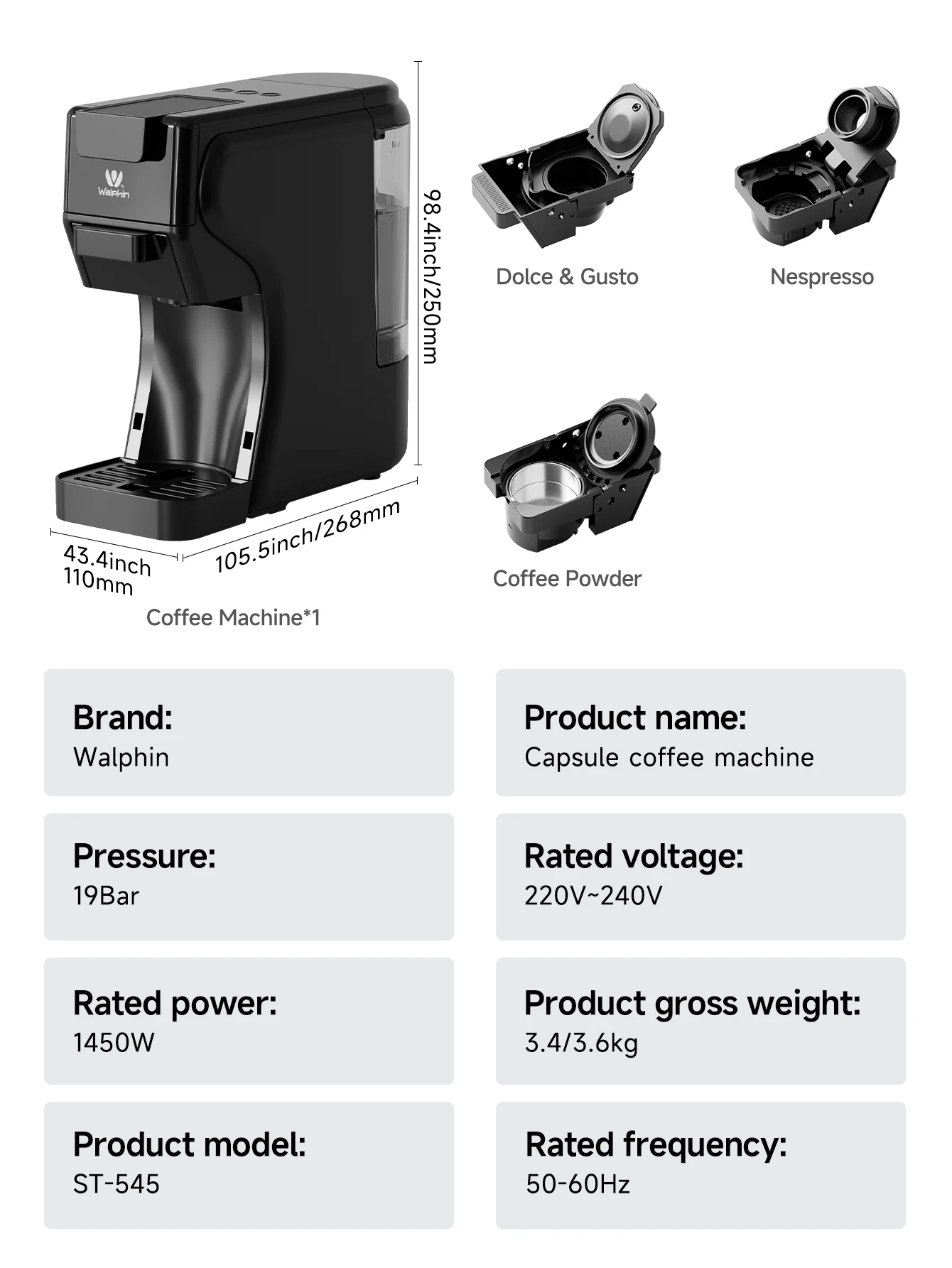 Walphin Coffee Machine 3 in 1 Capsule Coffee Machine Semi-Automatic Espresso Machine 0.6L Removable Water Tank