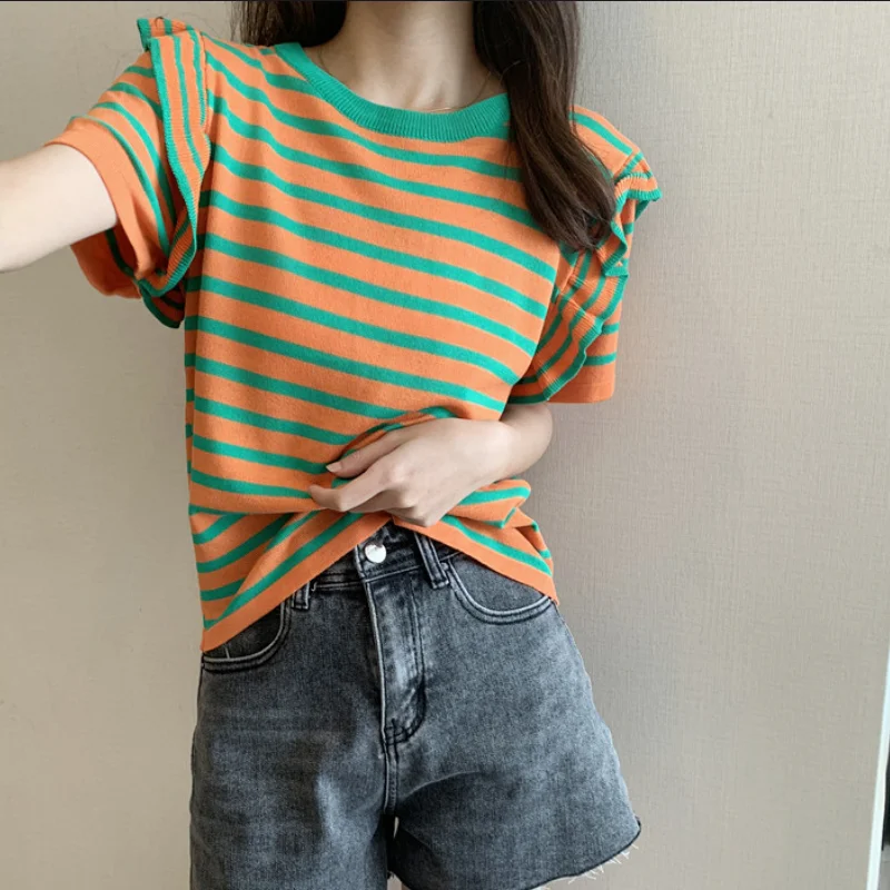 

Summer Pullovers Contrast Color Striped O-Neck Spliced Ruffles Casual Fashion Loose Commuter Women's Short Sleeve Knitted Tops