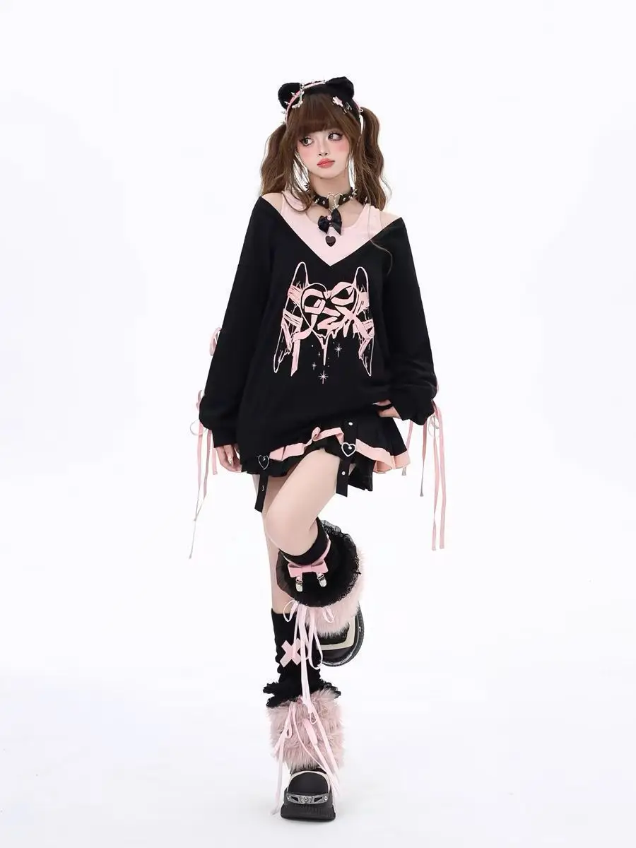 Temperament Vintage Sweet Fake Two Pieces Bow Printed Loose Sweatshirts Women Off Shoulder Hottie Streetwear Women Y2k Top