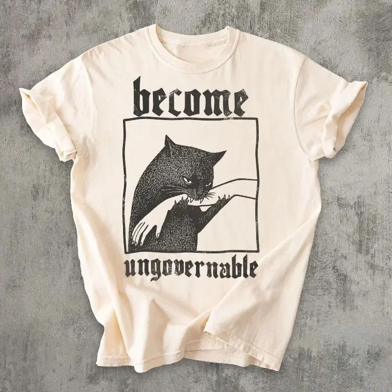 Silly Cats T Shirt Y2k Vintage Tops Become Ungovernable Funny Graphic Cat Biting Hand T-shirt Vintage Graphic Tee Unisex