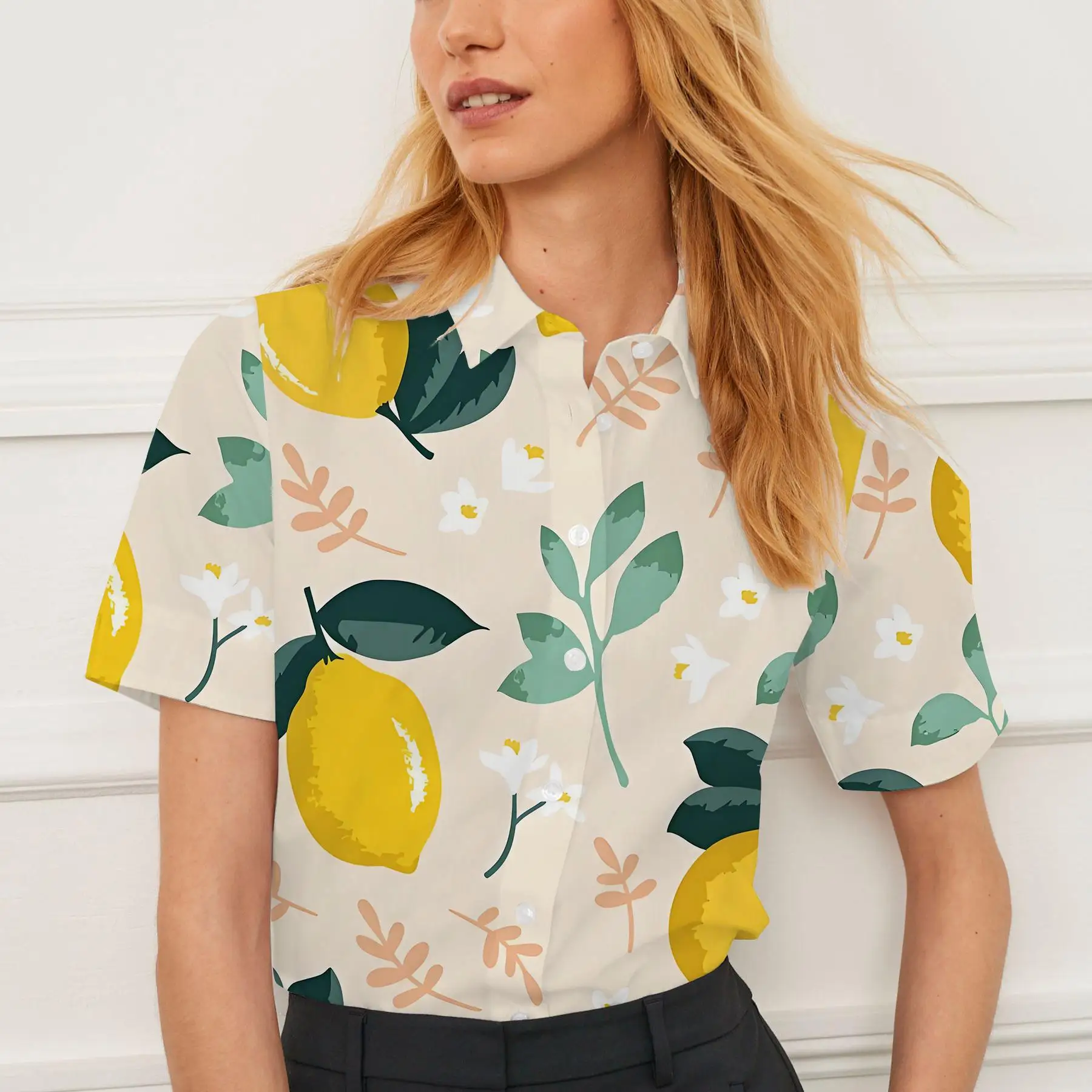 قميص نسائي صيفي كاجوال بأكمام قصيرة وطباعة فاكهة على الموضة للسيدات كاجوال