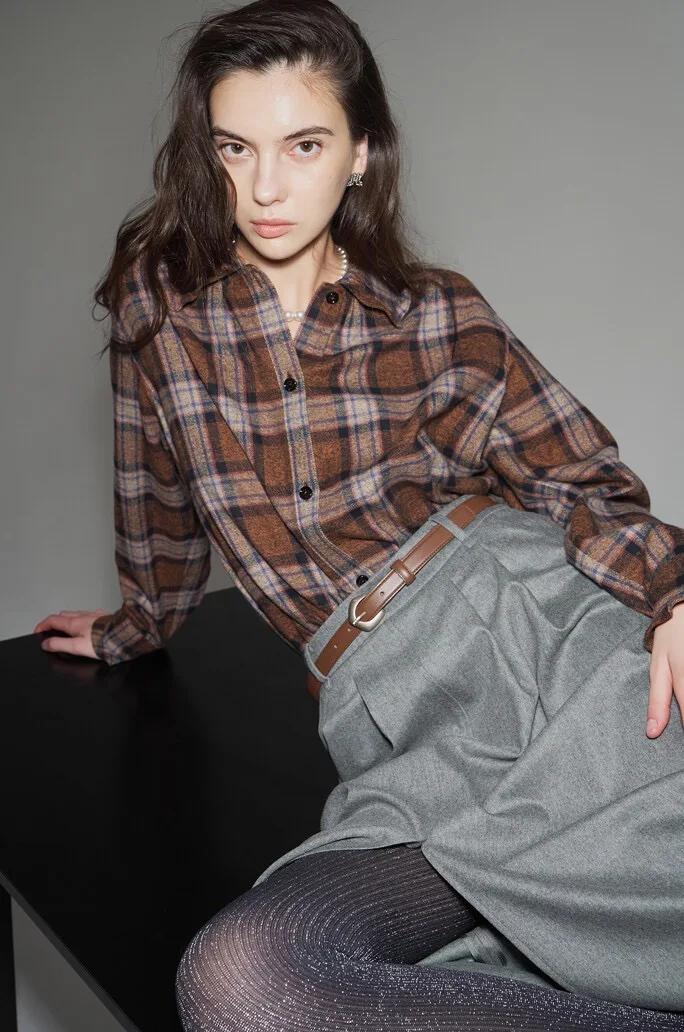 Faionable Casual Plaid Irt Lemon Cheese LAN25 Autumn Collection Umlegekragen Vielseitige Baumwollmischung aus der Beige-Serie