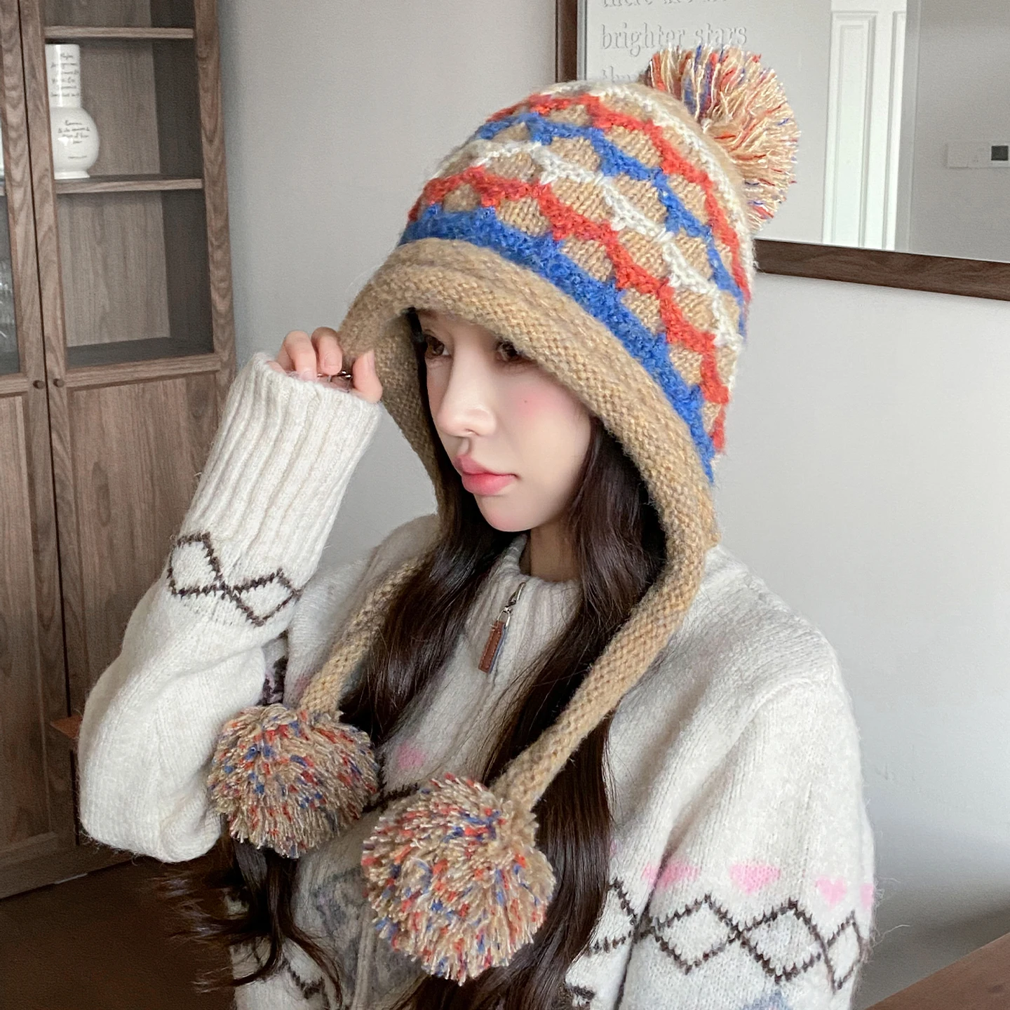 

2025 New 3 Acrylic Pom Pom Beanie Hats Women's Winter Warm Wool Earflap Bonnets Bohemian Pullover Knitted Skullies Hat