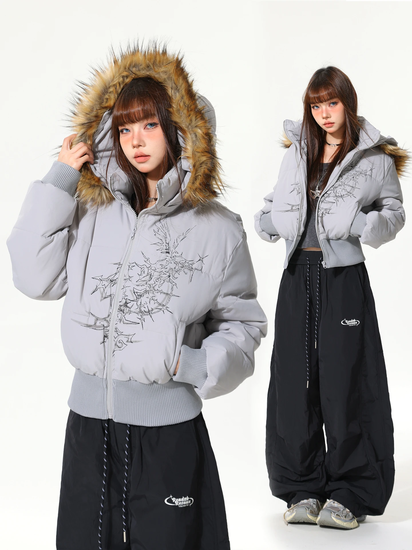 

Retro American Trendy Brand Hooded Thiened Cotton Jaet Women's Coat Warm Design Sense Cotton Clothes Outerwear