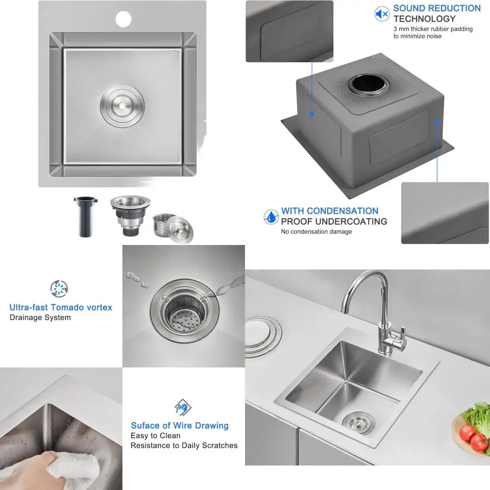 

15 x 17 Stainless Steel Topmount Single Bowl Kitchen Bar Sink, Brushed Finish