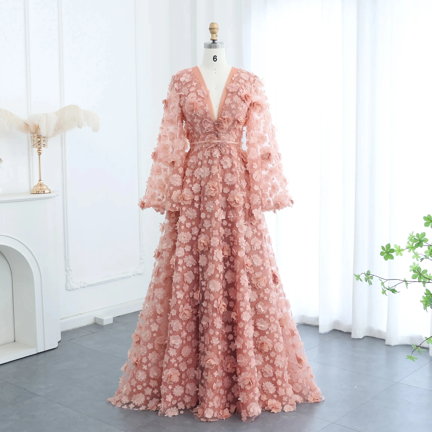 Blush Peach-Pink 3D Flowers Evening Dresses With Bell Long Sleeves V-Neck Arabic Wedding Party Birthday Gown Sz295