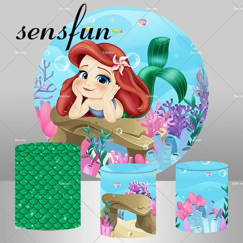 Baby Little Mermaid Ariel Round Backdrop Cover Girls Newborn Baby Shower 1st Birthday Party Under The Sea Cylinder Covers