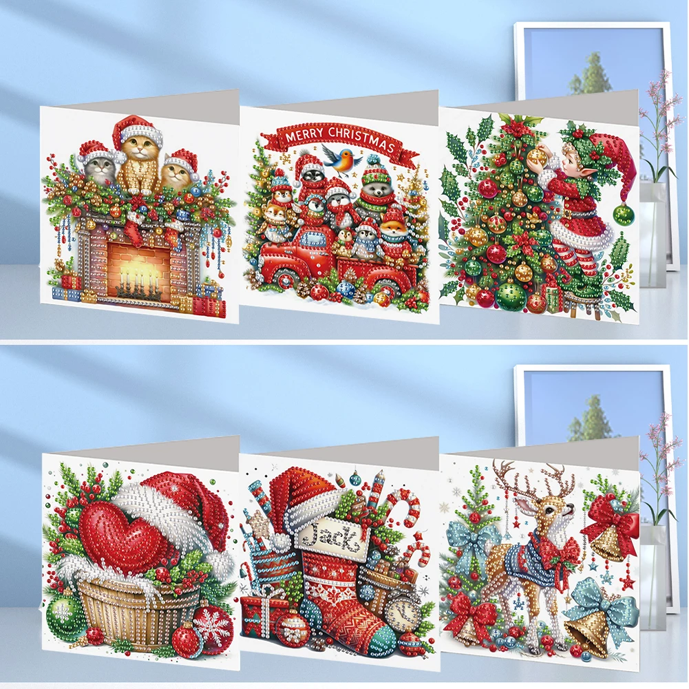 6pcs Diamond Painting Flower Pattern Greeting Card DIY Rhinestone Diamond Mosaic Postcards Christmas Snowman Cottage Wish Cards
