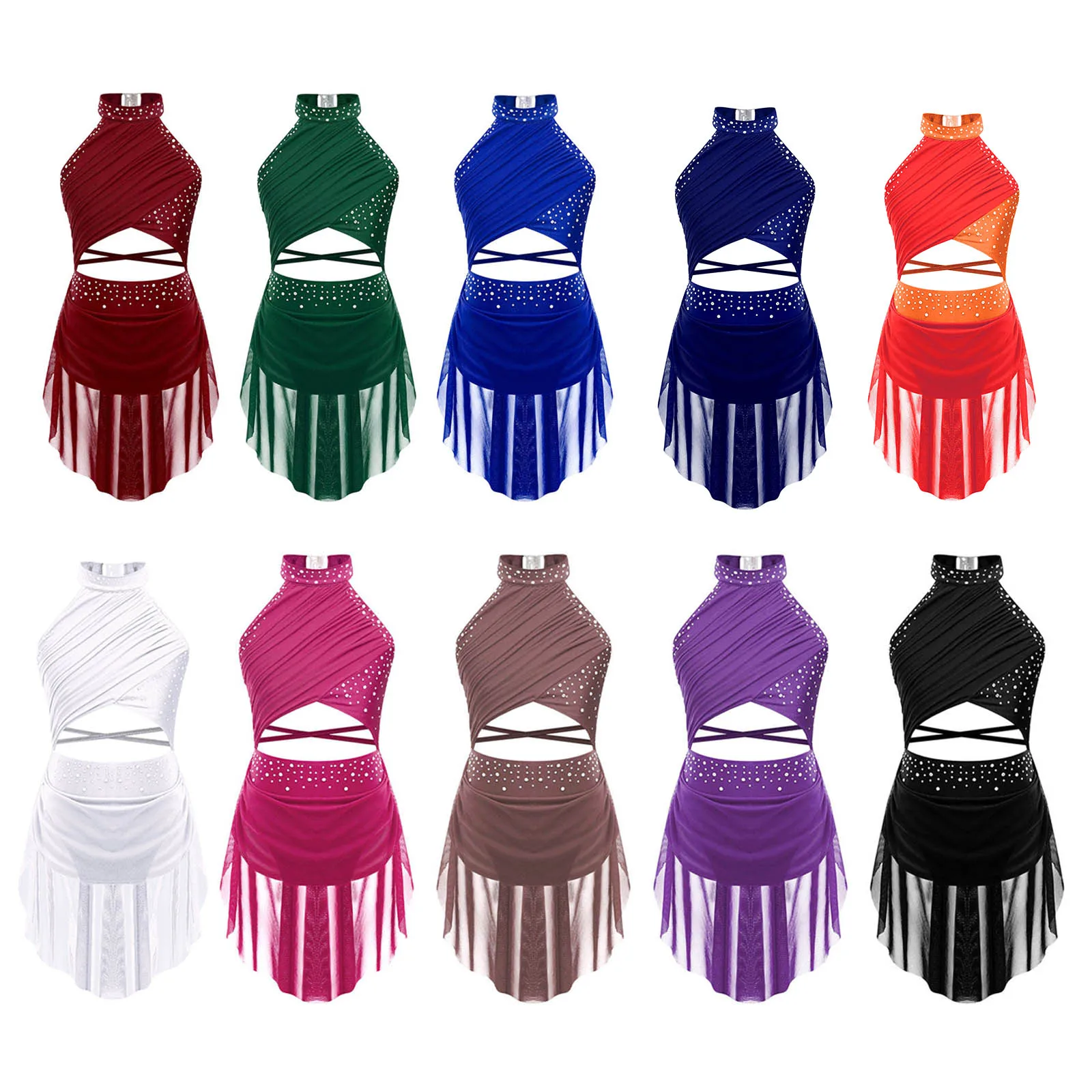 Lyrisches Ballett-Jazz-Tanz-Performance-Kostüm für Mädchen, glänzende Strasssteine, rückenfrei, Gymnastik-Trikotkleid, durchsichtige Mesh-Overlay-Kleider