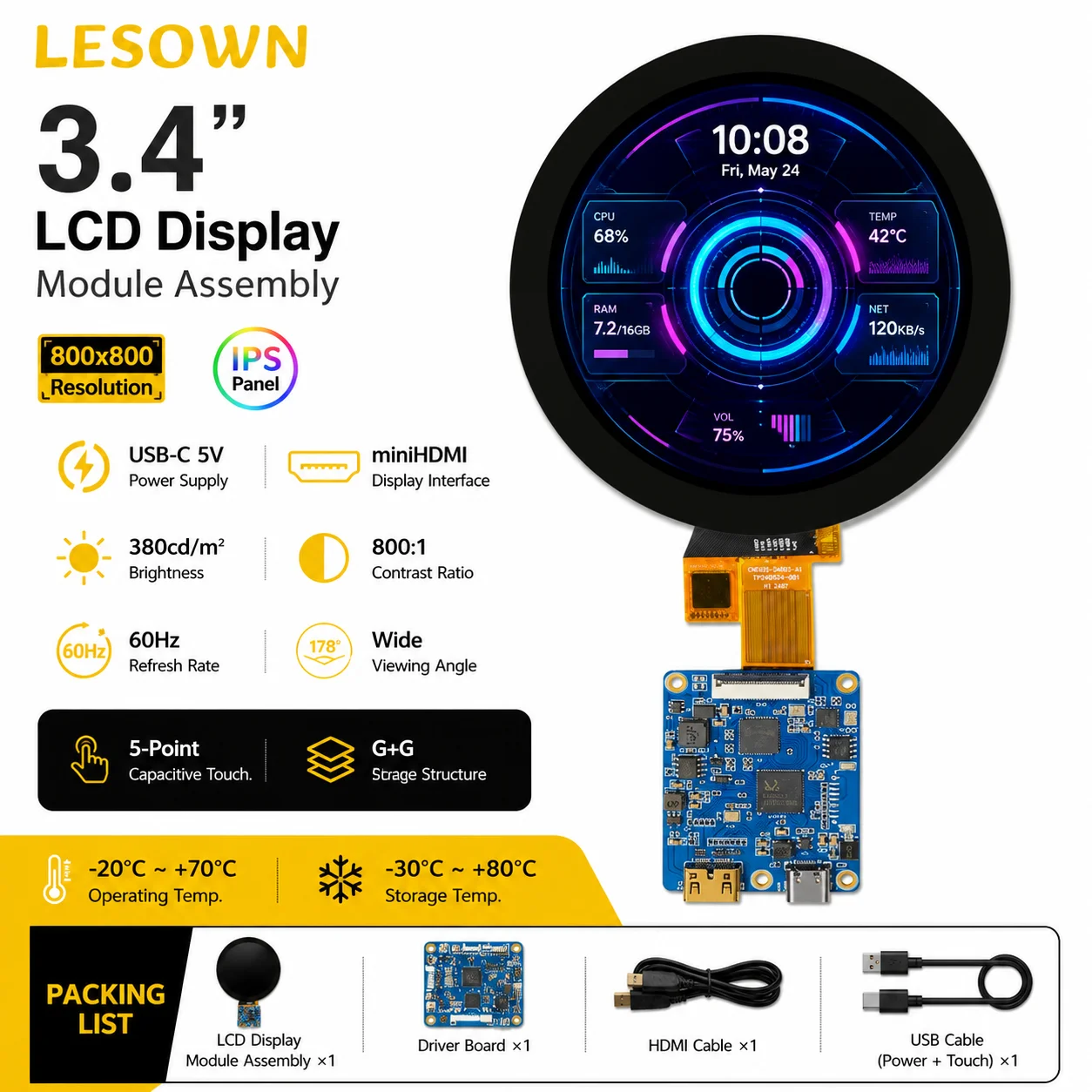 LESOWN 3.4" 800x800 Square Touch LCD Screen Kit 1:1 miniHDTV Driver Board Plug and Play 380nit for PC Case Display