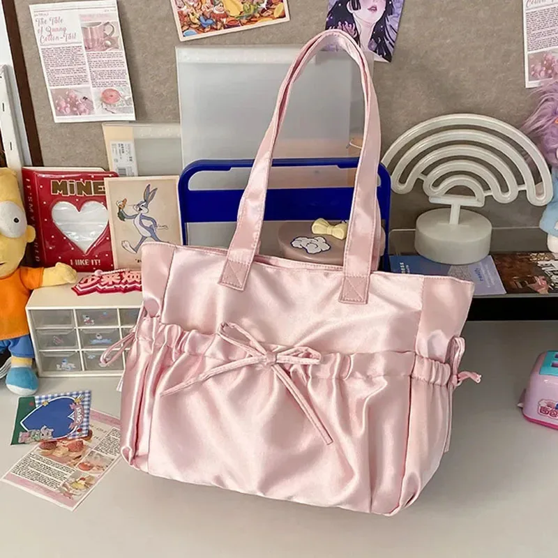 2026 Korean Style Fashion Tote Bag Large Capacity Cute Pink Sweet Female Handbag Elegant Bow Womens Shoulder Bag Nylon Pleated