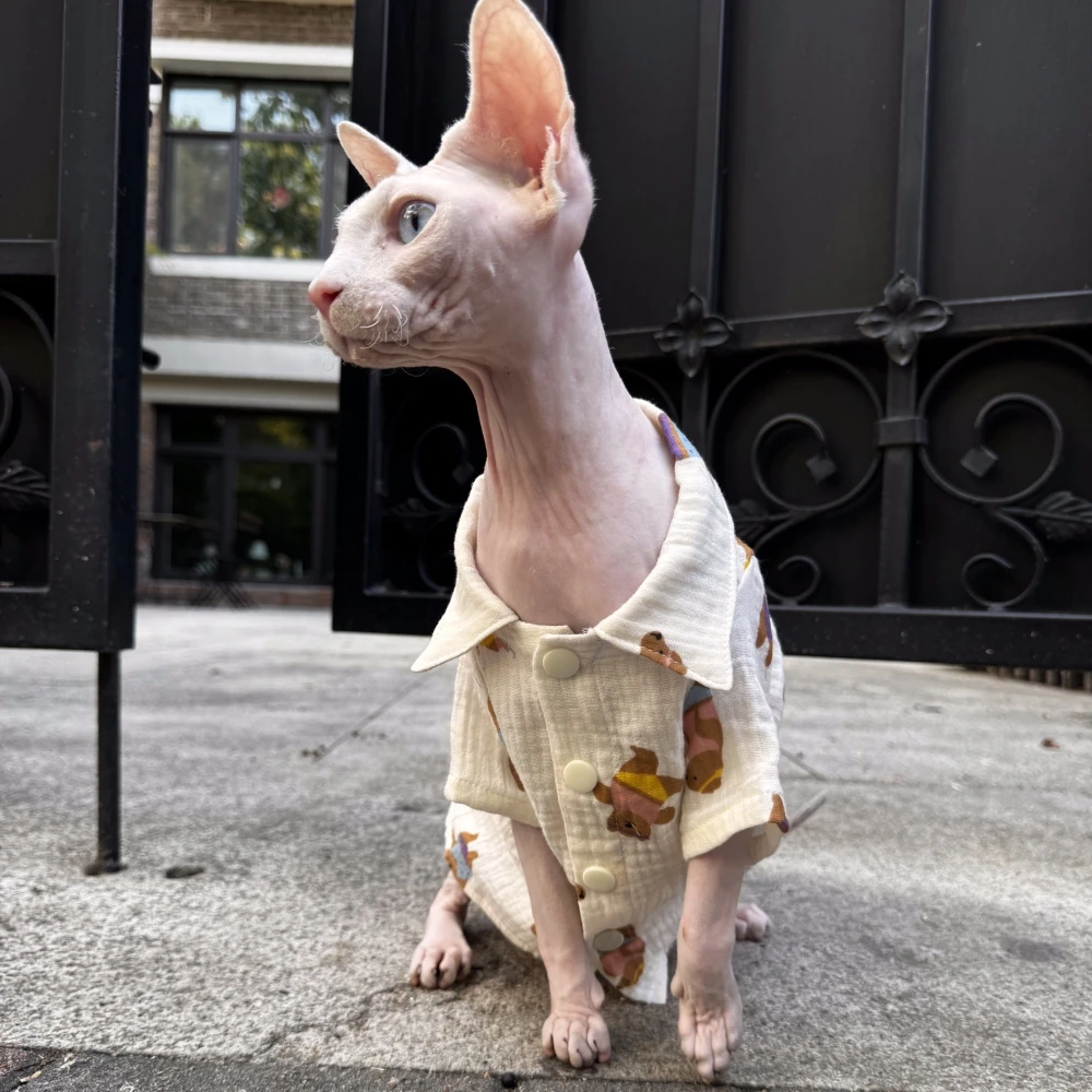 Miękka bawełniana koszula dla kota Sfinks Letnia beżowa bluzka z misiem dla kociąt Fotografia uliczna Wybieg Ponad rozmiar Płaszcz dla Devon Rex