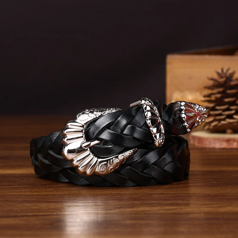 

2.4cm Vintage Genuine Leather Top Layer Cowhide Hand Woven Belts for Women Niche Fashionable Casual High-end Luxury Design Belt