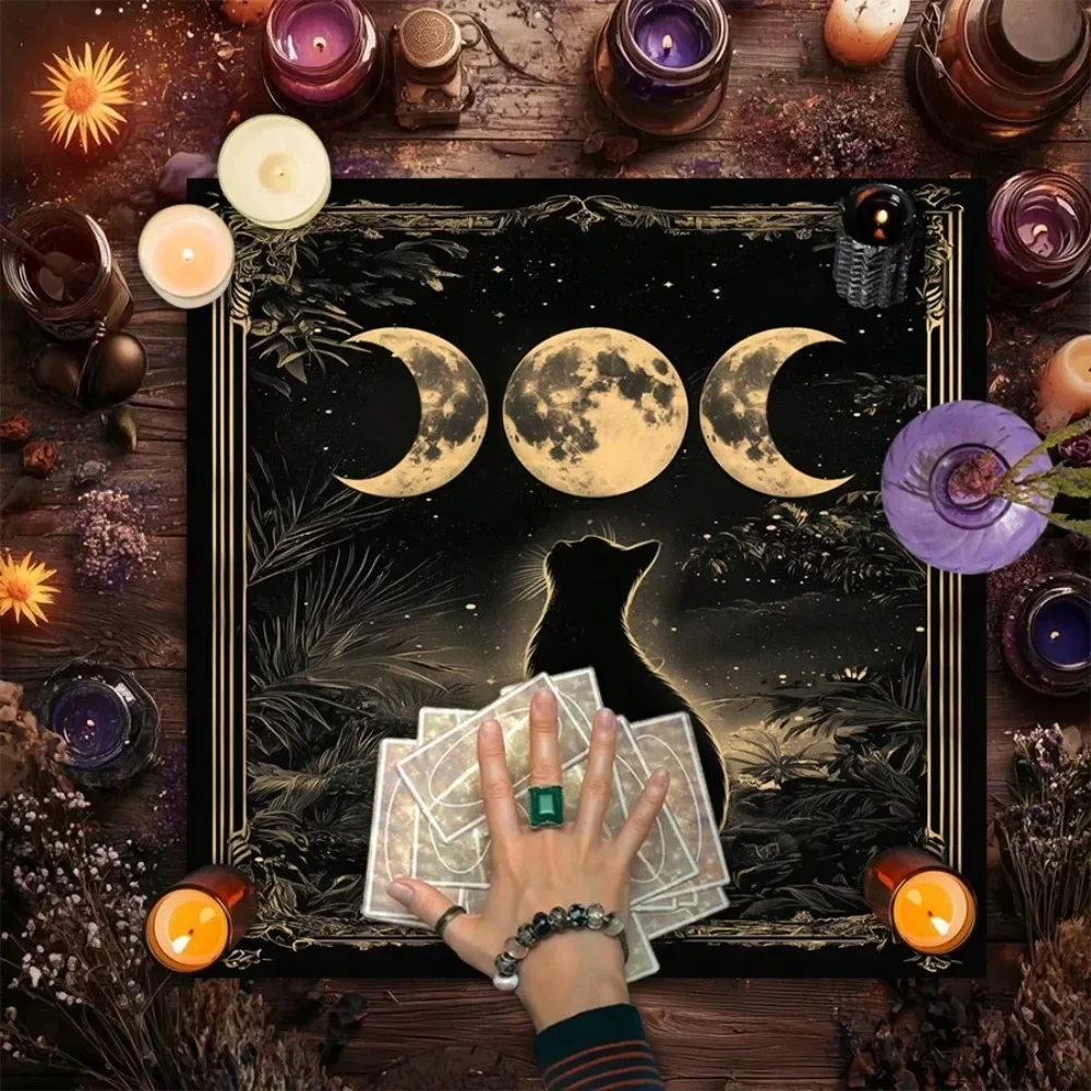 50/75cm Mystic Moon Phase Black Cat Altar Cloth Multiple Sizes HD Sublimation Print Starry Sky Polyester Machine Wash Divination