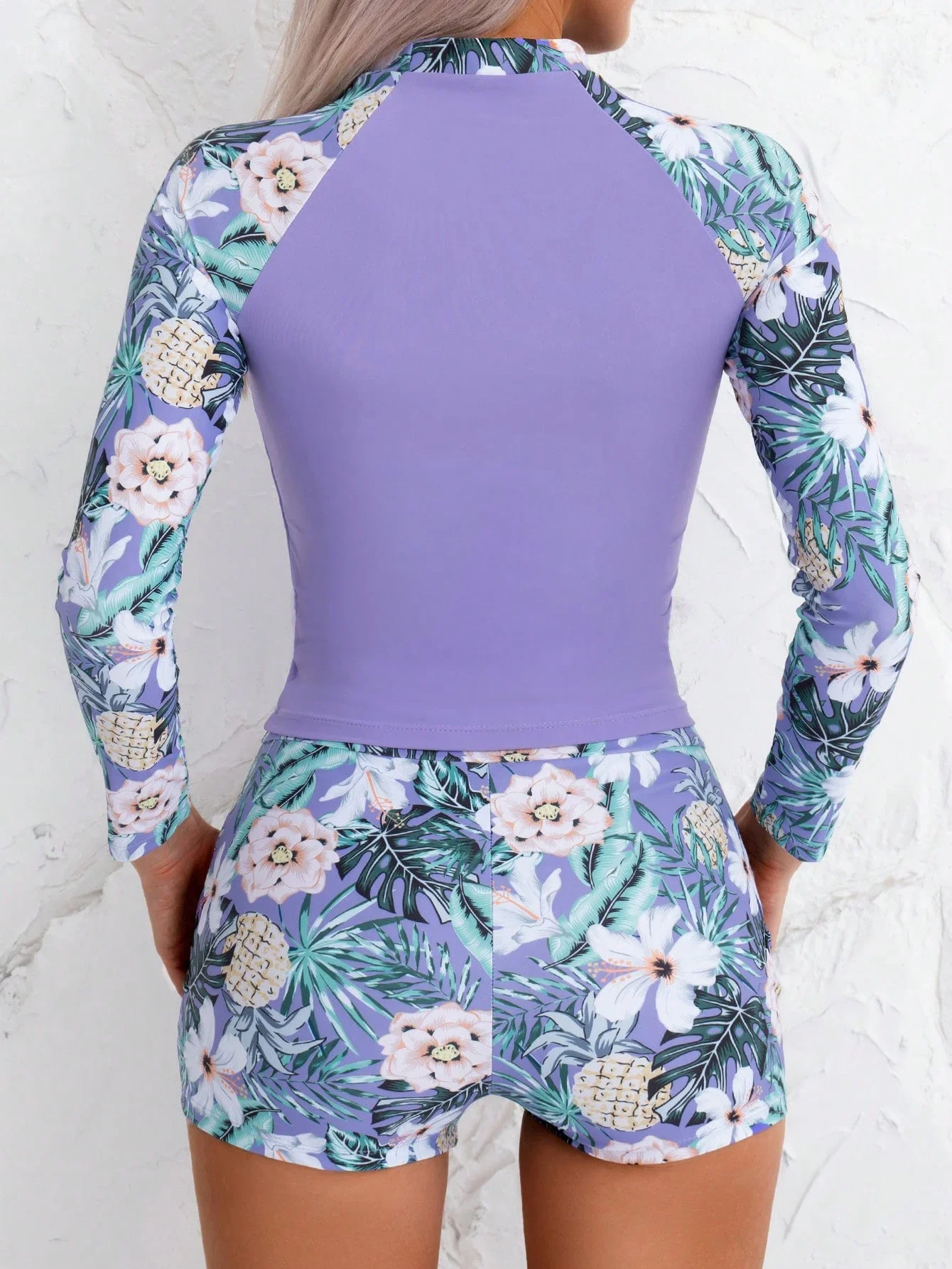 

Tropical Print Long Sleeve Tankini Swimwear Set For Beach Vacation Summer