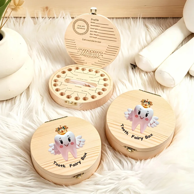 2D Wooden Tooth Fairy Box Tooth Keepsake Storage Children's Teeth Fetal Hair Commemorative Preservation Birthday Christmas Gift