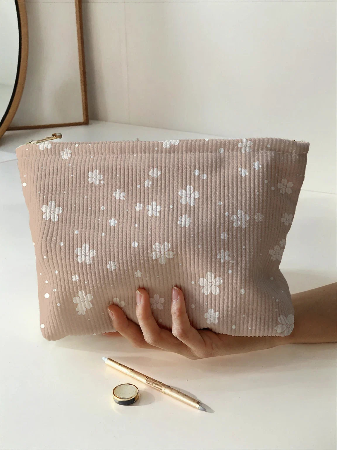 

1pc，Floral patterned corduroy zipper makeup bag, lightweight and multifunctional makeup bag Make up organisers Cosmetic bag