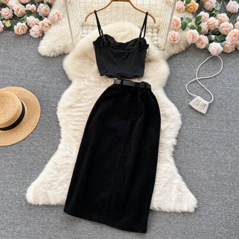 Summer Sexy Elegant Women Solid Chic Midi Skirts Suit Vintage Spaghetti Strap Crop Tanks Top Saya Clothes Female Two Pieces Set