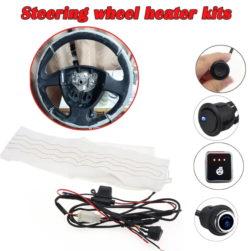 Universal 12V Built-in Car Steering Wheel Heater Kit Carbon Fiber Heat Pads Independent Switch Control System with Harness