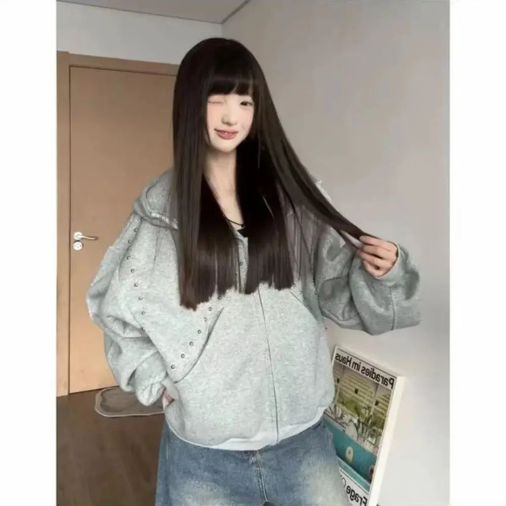 Casual Women\'s Sweatshirts 2024Spring Autumn Loose-fit Korean Style Shinny Gray Hoodies Fashion y2k Clothes Female Hooded Jacket