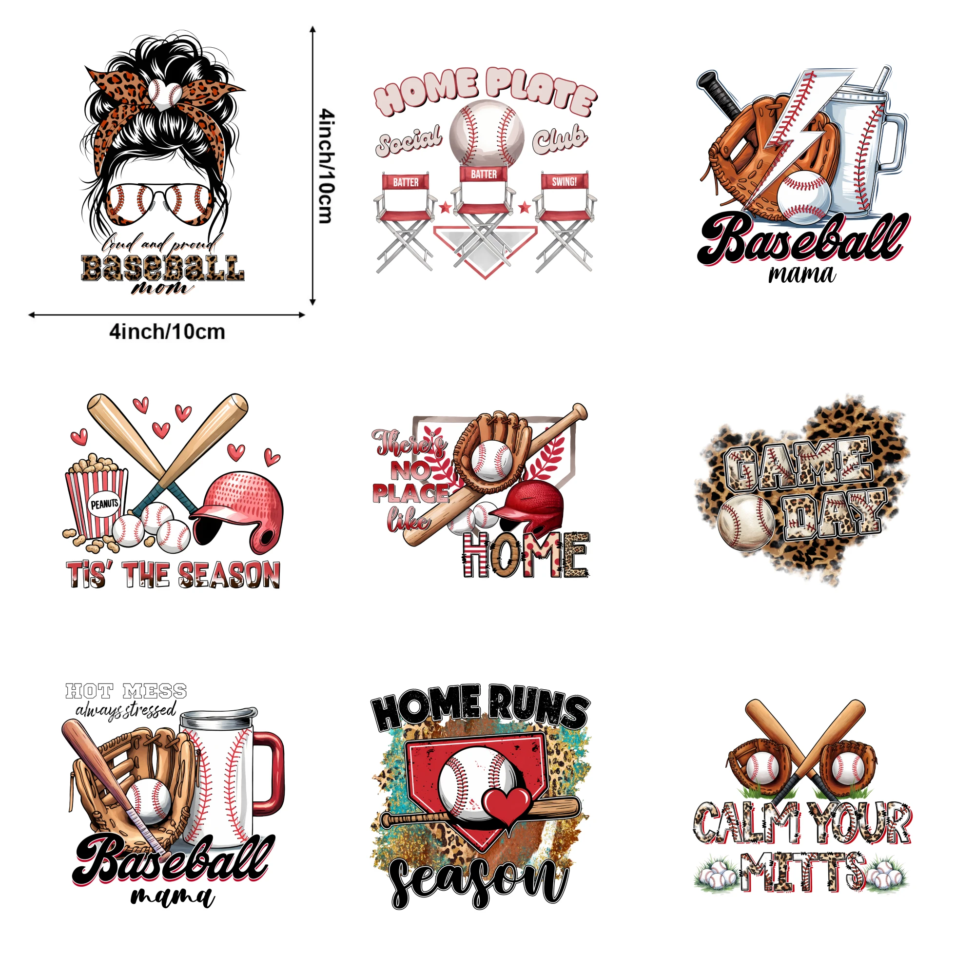 9 Pcs Baseball Mama Season Fun Iron on Decals for T Shirts iron on decals casual style. Washable heat transfer stickers