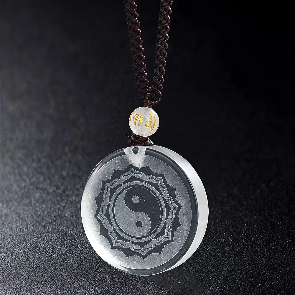 White Crystal Bagua Lotus Pendant Necklace Classic Taoist Auspicious Dangle Choker Amulet Jewelry Lucky Gifts for Men and Women