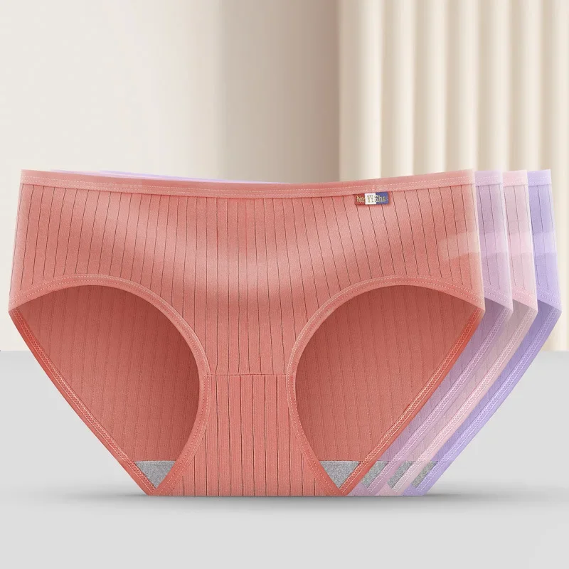 Solid Color Underpants Panties Women Girls Striped Underwear Mid-Waist Soft Briefs Female Lingerie Comfortable Panties