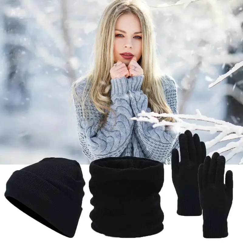 

Winter Beanie Gloves Set 3X Winter Neck Scarf Set Snowboarding Touchscreen Gloves Soft Neck Warming Wrap