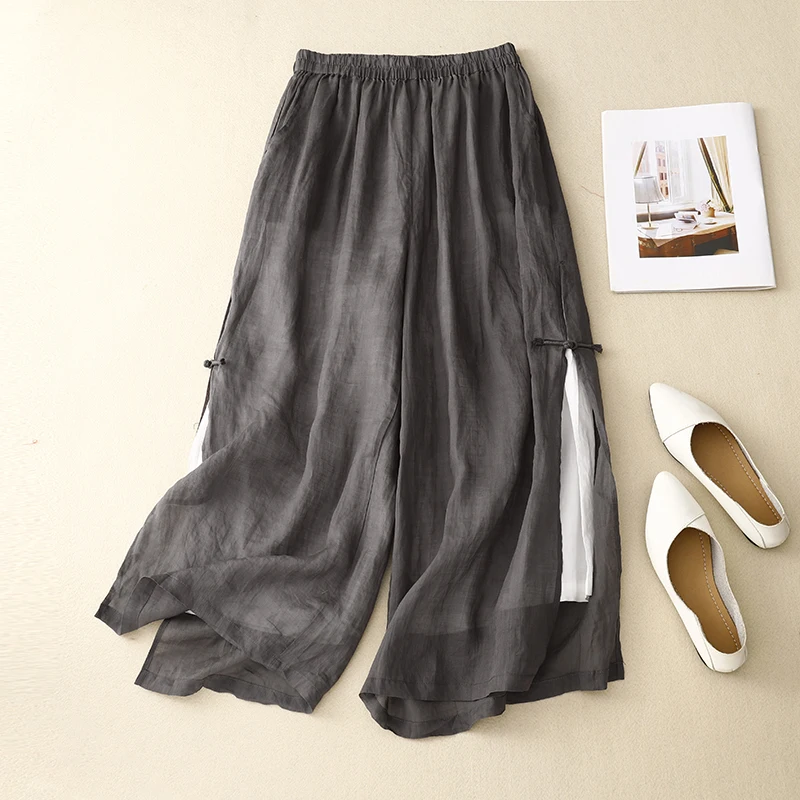 Gray Cotton Linen Casual Elastic High Waist With Lining Women's Pants Korean Fashion Wide Leg Ankle-Length Pants For Women 2024