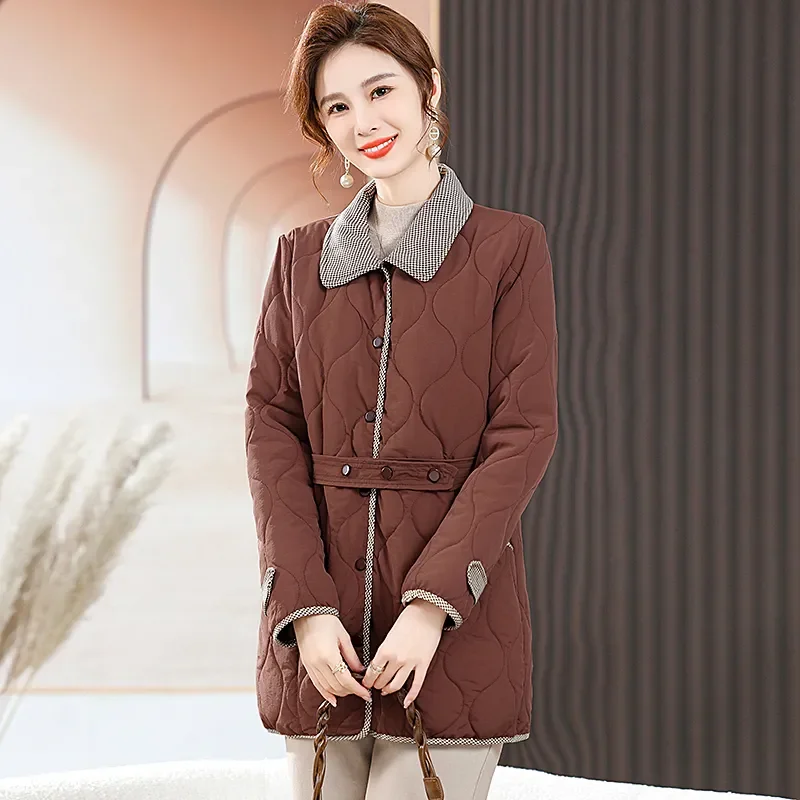 Giacca in cotone da donna medio-lunga autunno inverno 2025 Giacca frvolo allentata di nuova moda La vita Capispalla di colore puro femminile