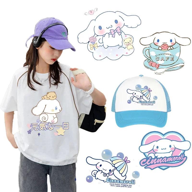 Sanrio Cute Cinnamoroll Iron on Sticker Kawaii Heat Transfer Stickers Cartoon Kids DIY Costume Backpack Decoration Birthday Gift