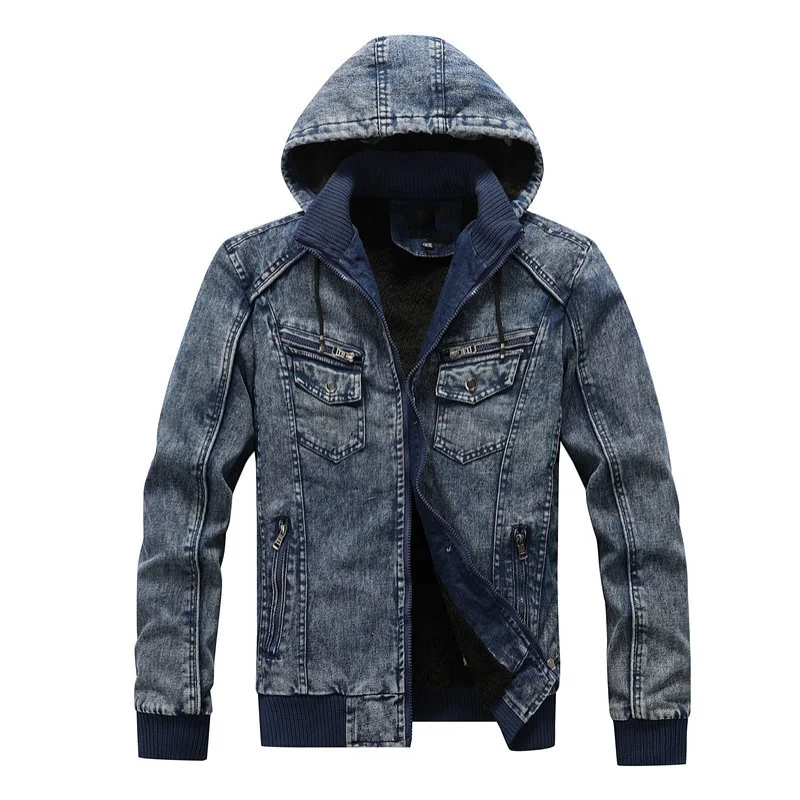 

New washed cotton men's classic denim and fleece hooded flight jacket youth stand-up collar men's top coat