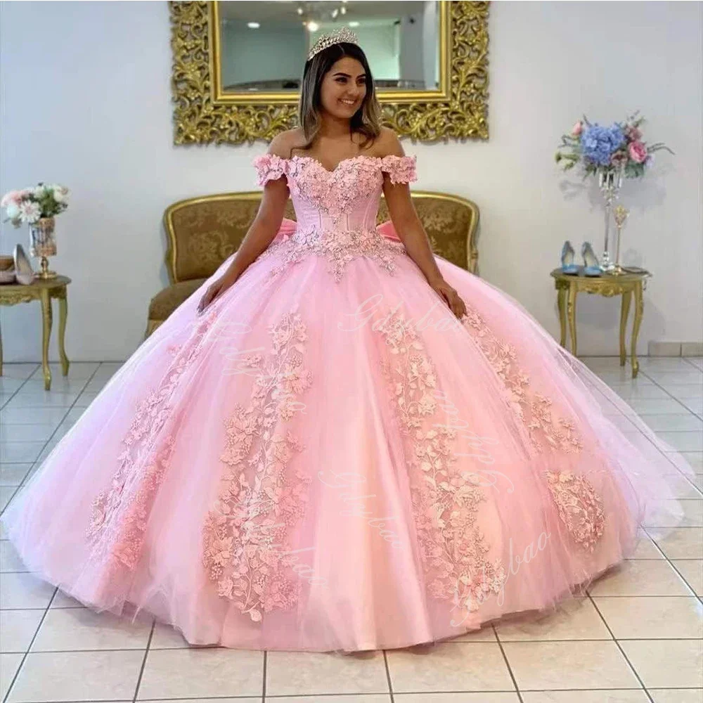 Women's Lace Appliques Quinceanera Dresses 2024 Ball Gown Puffy Off Shoulder Prom Dress with Bow Beaded Sweet 15 16 Evening Gown