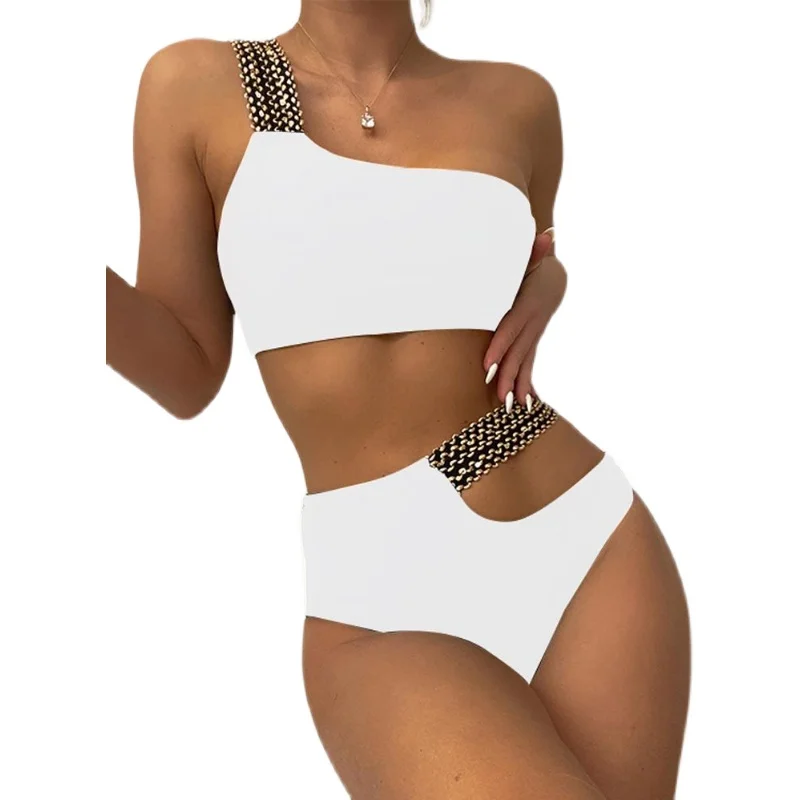 Sexy Single-oulder Two-Piece Swimsuit Bikini Set Faionable Polyester Ensemble for Young Women Aged 8-25 Summer 2023