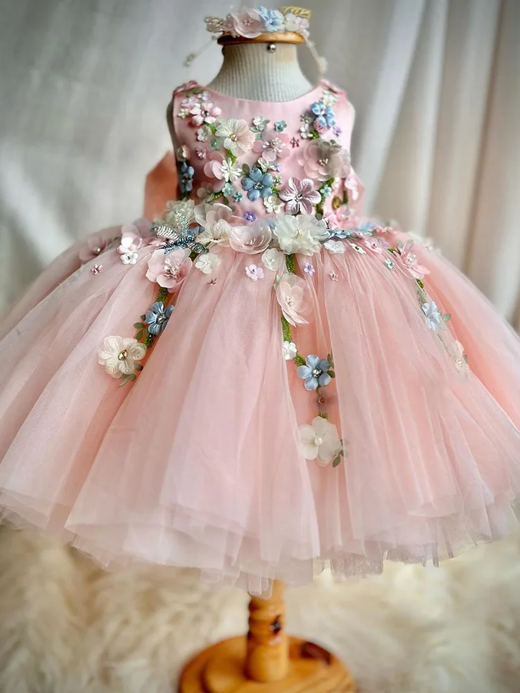 Luxury and Elegant Children\'s Dress Christmas Mesh Fluffy Skirt Pink Butterfly Wings 2024 New Flower Girl Wedding Princess Dress