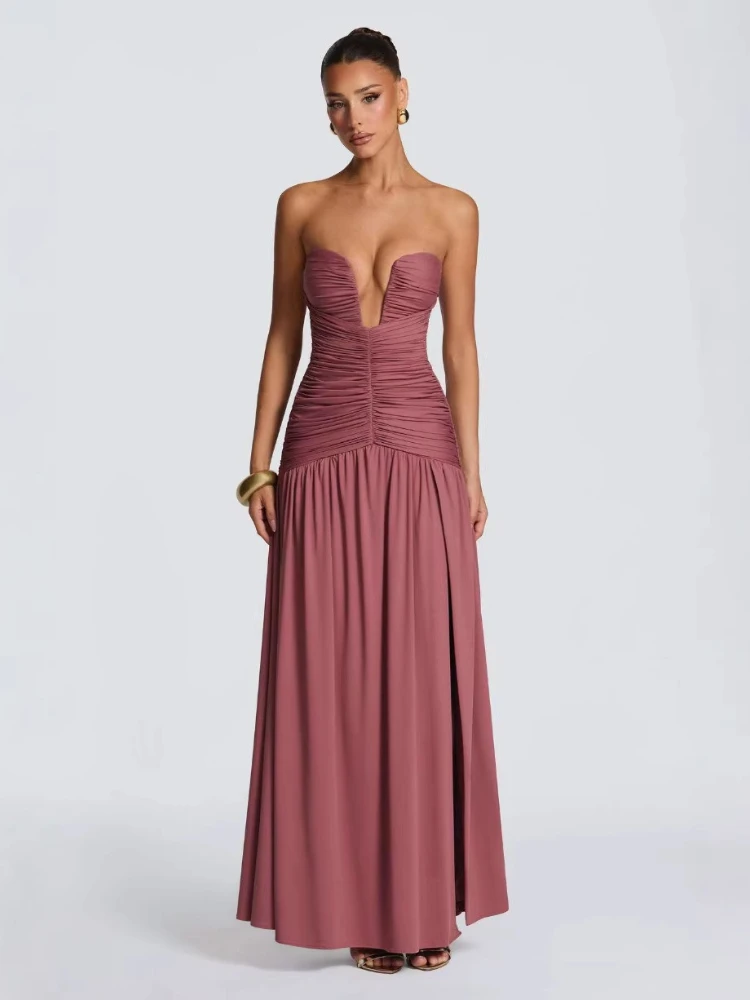 Chaxiaoa Strapless Deep V Neck Ruched Maxi Dresses for Women 2026 Elegant High Split Bodycon Party Evening Dress White Coffee view 6