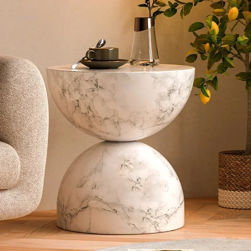 Mesa de centro artística de óxido de magnesio para casa de invitados, mesa auxiliar de sofá estilo crema con reloj de arena para sala de estar, mesa de esquina redonda