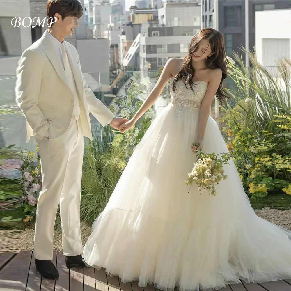 Bomp requintado apliques vestido de casamento sem alças drapeado a linha marfim tule coreia sessão de fotos vestido de recepção de noiva personalizado
