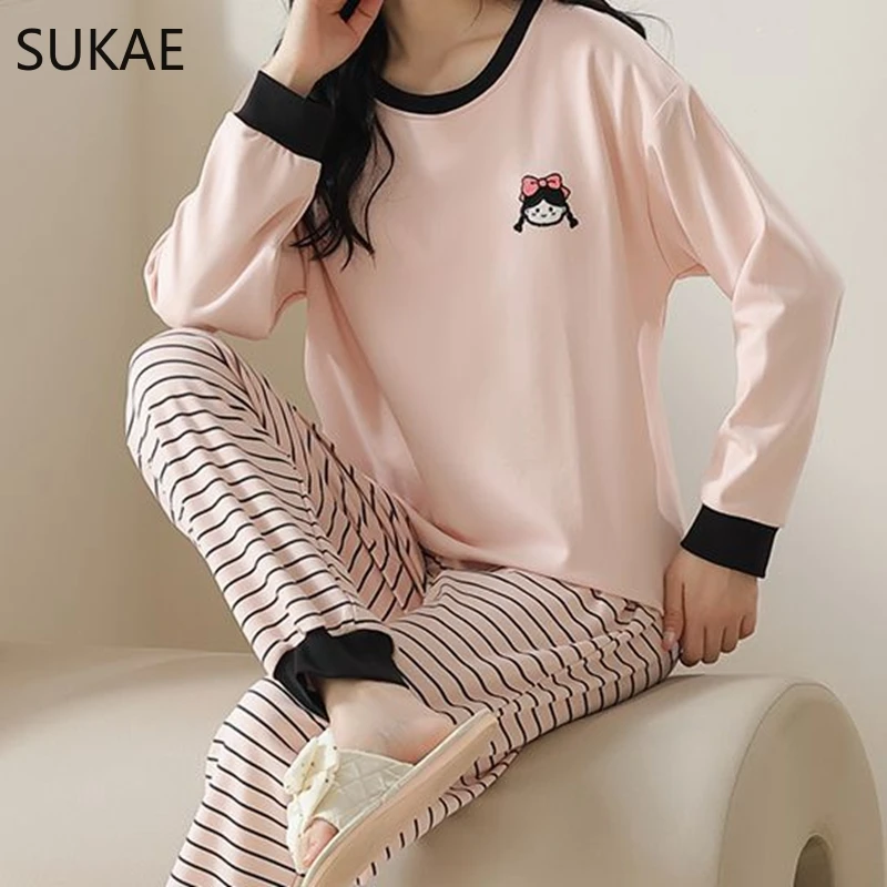 SUKAE Autumn Spring New Women Pajamas Casual Loungewear Long Sleeves Pullover Sleepwear Girl Pijama Korean 2 Pieces Set Homesuit