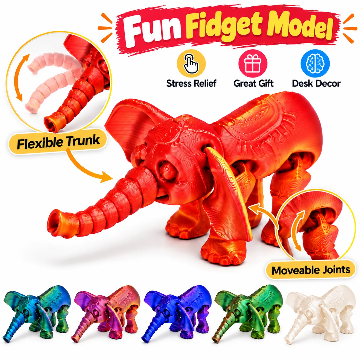 Articulated Elephant Fidget, 3D Printed Flexible Trunk & Movable Joints, Stress Relief Desk Decor, Christmas Gift
