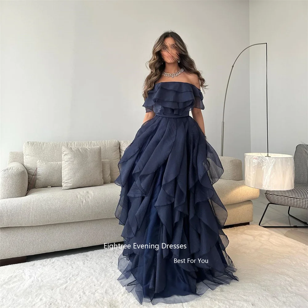 Eightree Navy Blue Prom Dresses Vintage Tulle Strapless Tiered Long Formal Occasion Dresses Elegant Party Dresses For Women 2023