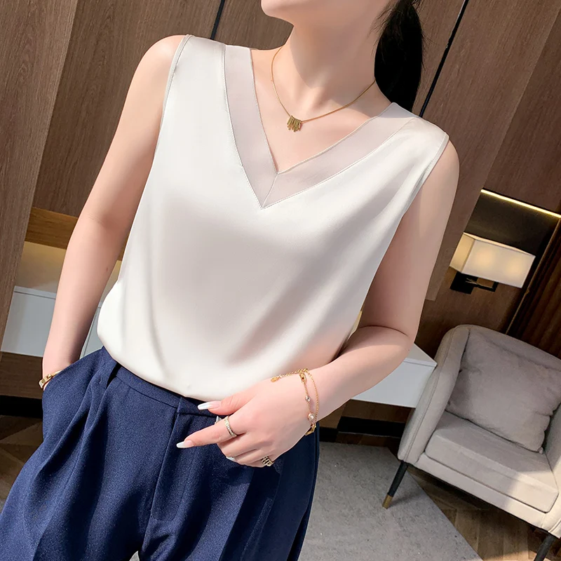 Summer Silk Chiffon Camisole Women's Vest Fashion V-Neck Lace Stitching Elegant Delicate And Comfortable All-Match T-Shirt RW20