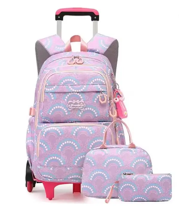 School Rolling Backpack 3Pcs Lunch Bag Pencil bag for Kids Waterproof Rolling Bag Girl School Wheeled Backpack Bag Set for Girls