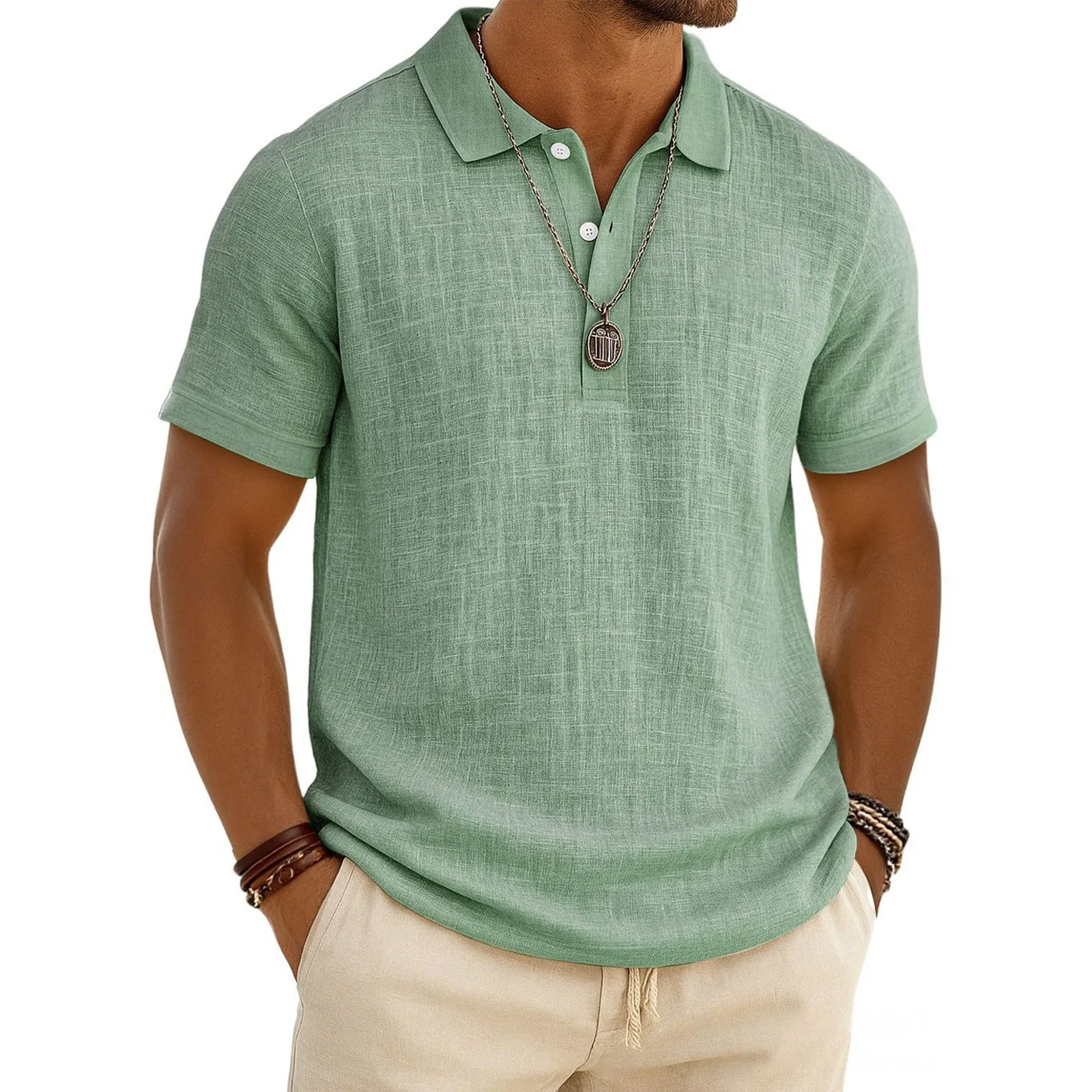 2026 New Men's Casual Solid Color Summer Bamboo Cotton Linen Short Sleeve POLO Shirt British Style Straight Cut Button up
