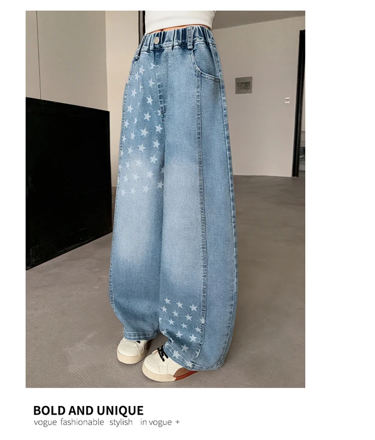 Neue Designer-Kinderjeans im Street-Style mit Sternen für Teenager-Mädchen, elegante blaue Denim-Hosen, Größe 5-14 – Detail 3