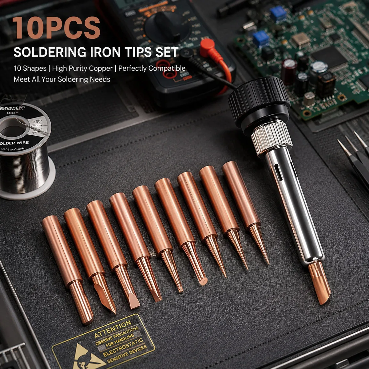 11-Piece 900M Lead-Free Solder Iron Tips with Replaceable Cores & Sleeves - Compatible with Soldering Stations