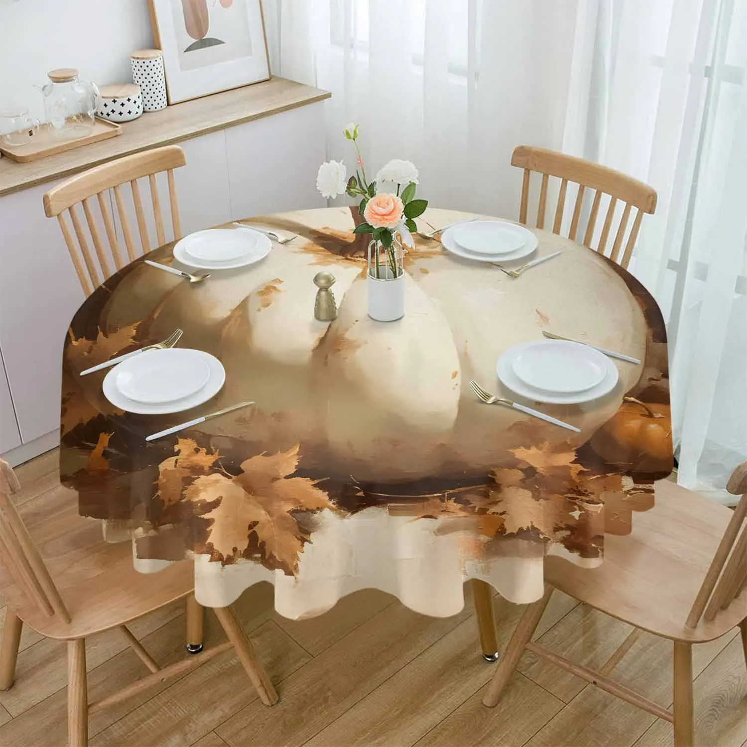 Autumn Pumpkin Maple Leaves Waterproof Tablecloth Tea Table Decoration Round Table Cover For Kitchen Wedding Home