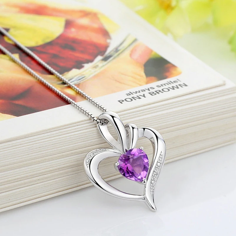 New Fashion 925 Sterling Silver Jewelry Fine Purple Zircon Heart Pendants Neckalce CZ Clavicle Chain Women&Girl Anniversary Gift