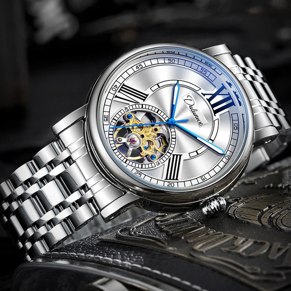 Dulunwe Steel Tourbillon Men's Watches Waterproof High-end Luxury Men's Automatic Mechanical Wristwatch